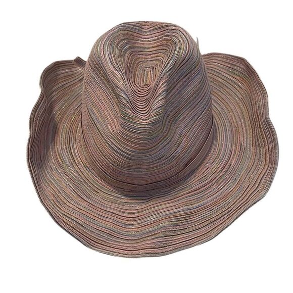 Multicolor Pink Striped women’s hat with wired adjustable brim and crown EUC - Picture 1 of 10